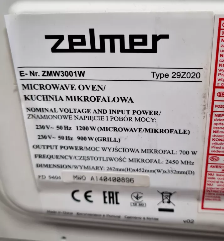 MIKROFALÓWKA ZELMER ZMW3001W!POLECAM!