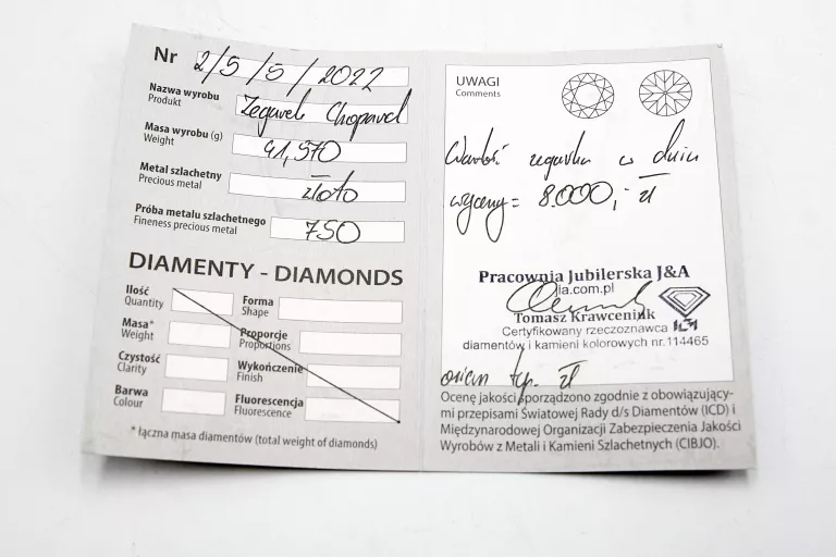ZŁOTY DAMSKI ZEGAREK CHOPARD 18K P750 CERTIFIKAT