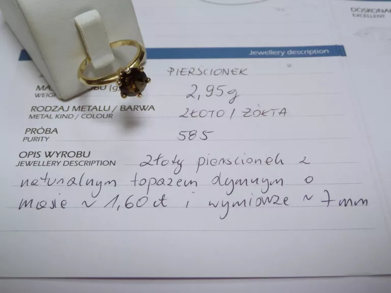 ZŁOTY PIERŚCIONEK PR. 585 2,95G TOPAZ DYMNY CERT