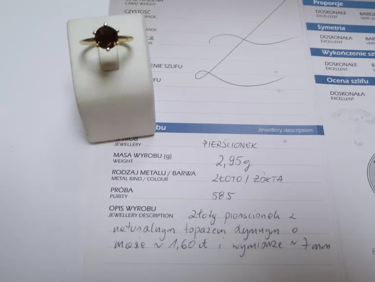 ZŁOTY PIERŚCIONEK PR. 585 2,95G TOPAZ DYMNY CERT