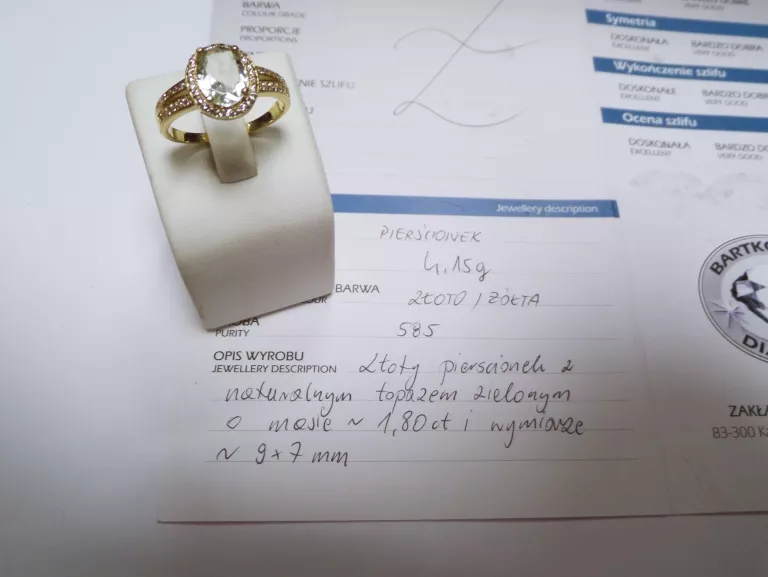 ZŁOTY PIERŚCIONEK PR. 585 4,15G TOPAZ ZIELONY CERT