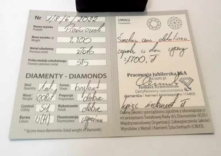 ZŁOTY PIERSCIONEK Z BRYLANTEM P585/ 2.20G