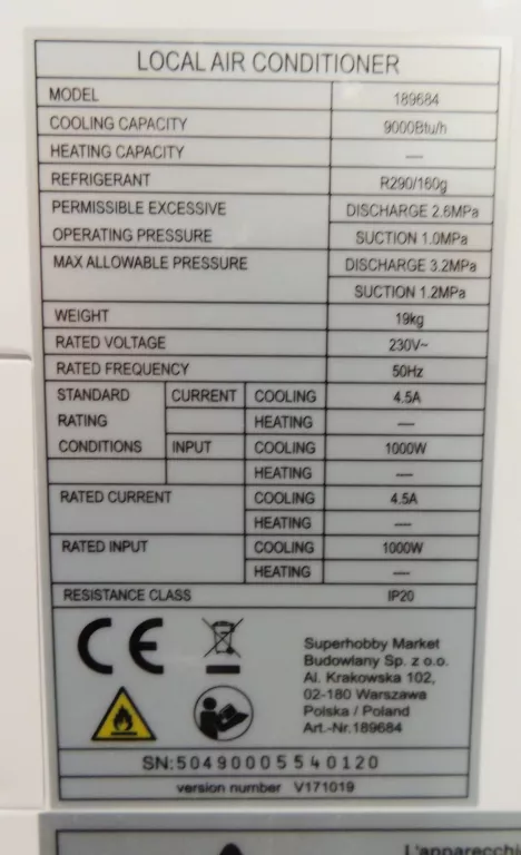 KLIMATYZATOR PRZENOŚNY 2600W 189684
