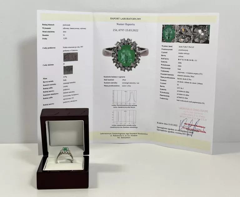 ZŁOTY PIERŚCIONEK - 585 14K R.16 SZMARAGD DIAMENT