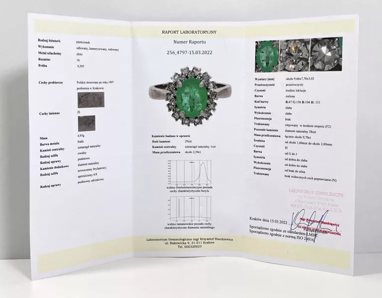 ZŁOTY PIERŚCIONEK - 585 14K R.16 SZMARAGD DIAMENT