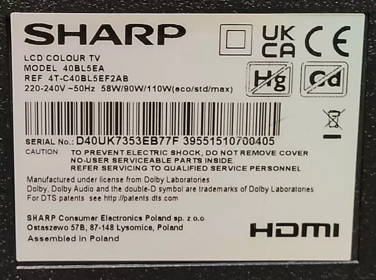 TELEWIZOR SHARP 40BL5EA 40 4K UHD SMART . OPIS!