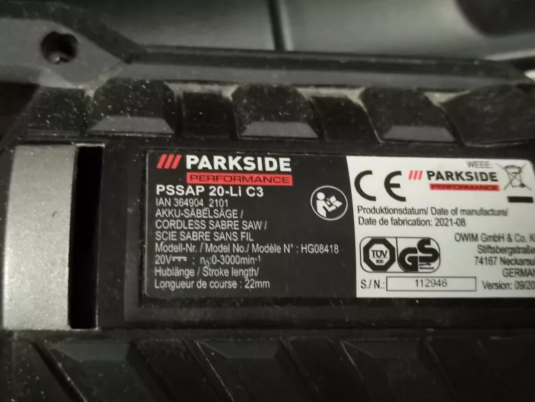 PIŁA SZABLASTA PARKSIDE PSSAP 20 LI C3 AKU + ŁAD