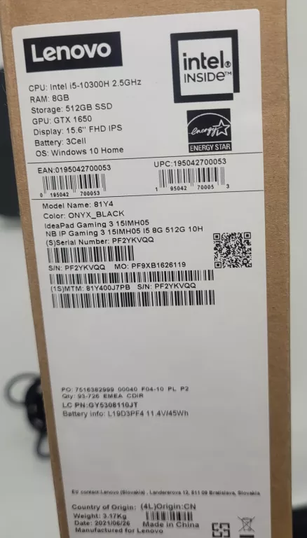 LENOVO GAMING 3 I5-10300H/8GB/512GB SSD/GTX1650