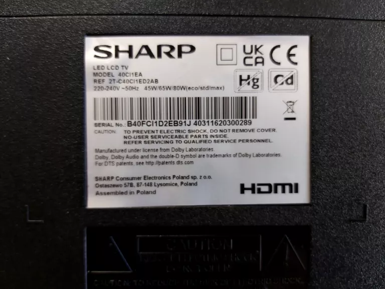 TELEWIZOR SHARP 40CI1EA 40” FHD ANDROID TV OPIS!!! MOŻE BYĆ NA CZĘŚCI