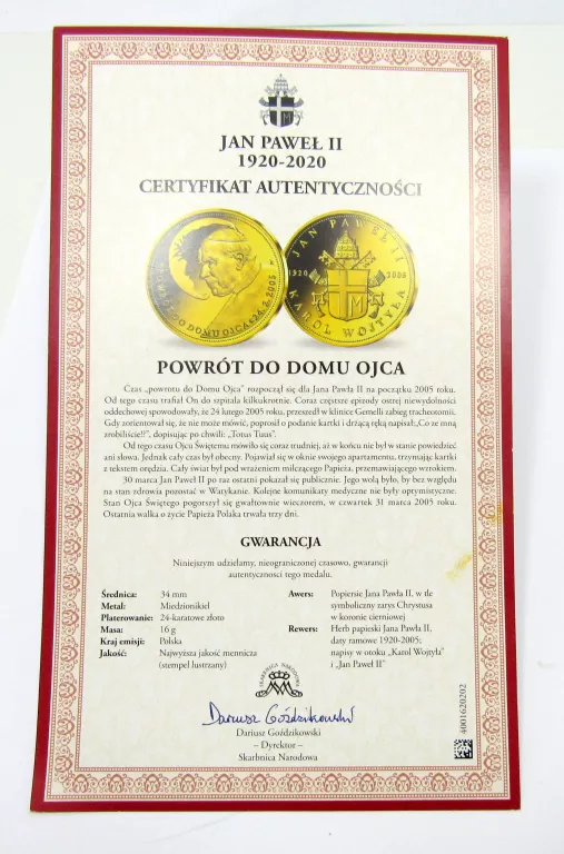 MEDAL JAN PAWEŁ II - POWRÓT DO DOMU OJCA