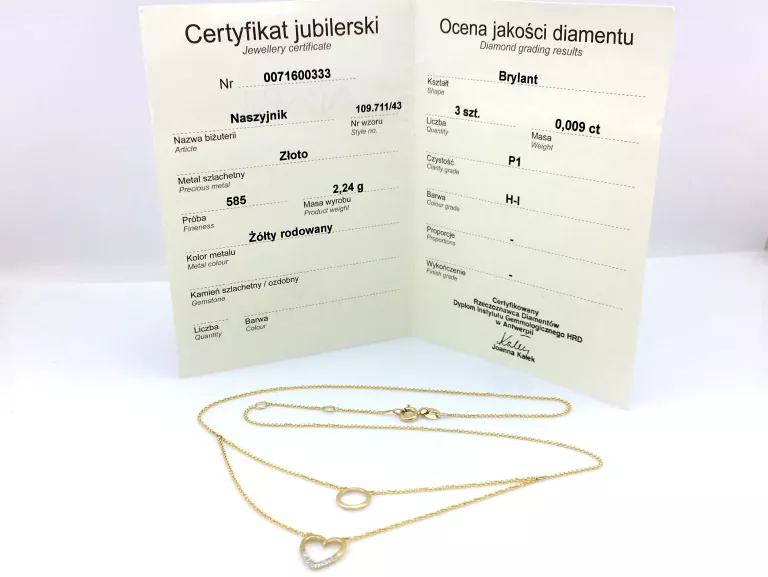 NASZYJNIK SERCE KÓŁKO DIAMENTY APART 585 2.24G 43