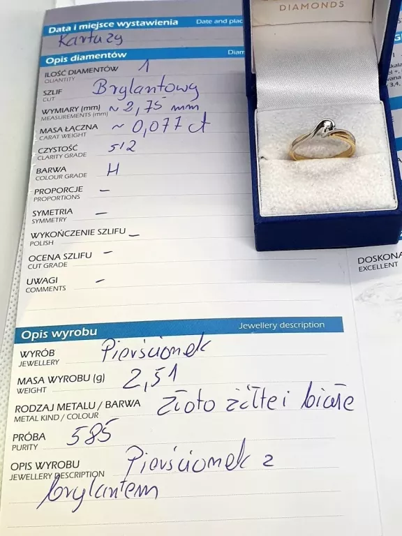 ZŁOTY PIERŚCIONEK Z BRYLANTEM PR585 0,077CT