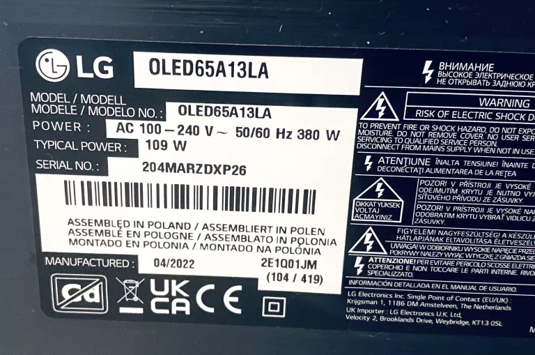 TELEWIZOR 65" LG OLED65A13LA KOMPLET