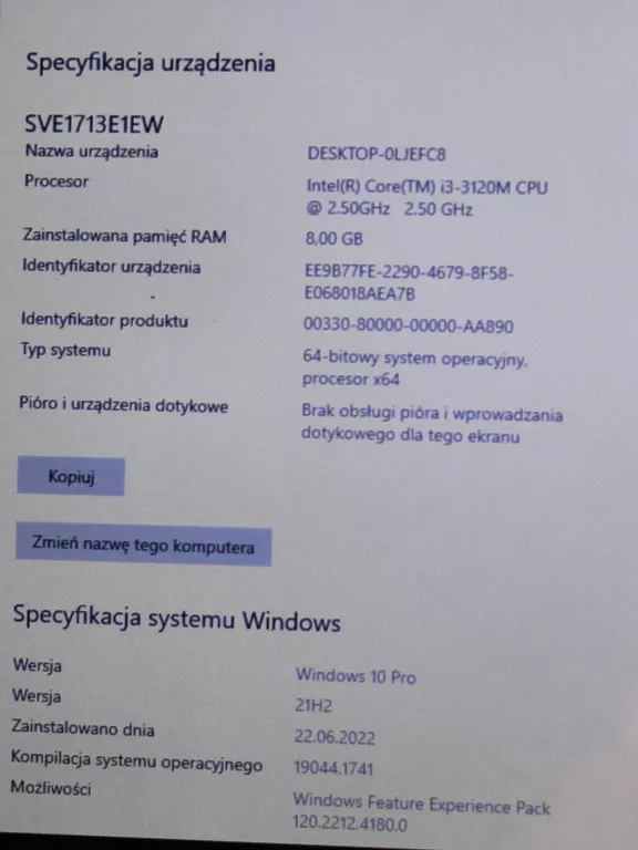 LAPTOP SONY VAIO SVE1713E1EW I3 8GB WIN 10 2,5GHZ