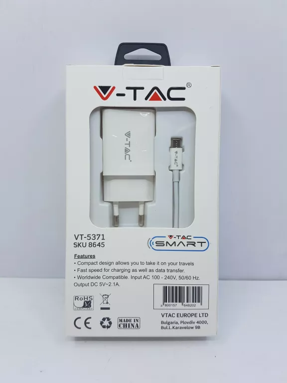 ŁADOWARKA V-TAC MICRO USB Z PRZEWODEM BIAŁA VT-53