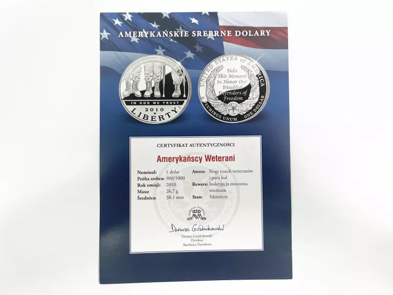 SREBRNA MONETA 1 DOLAR AMERYKAŃSCY WETERANI 2010
