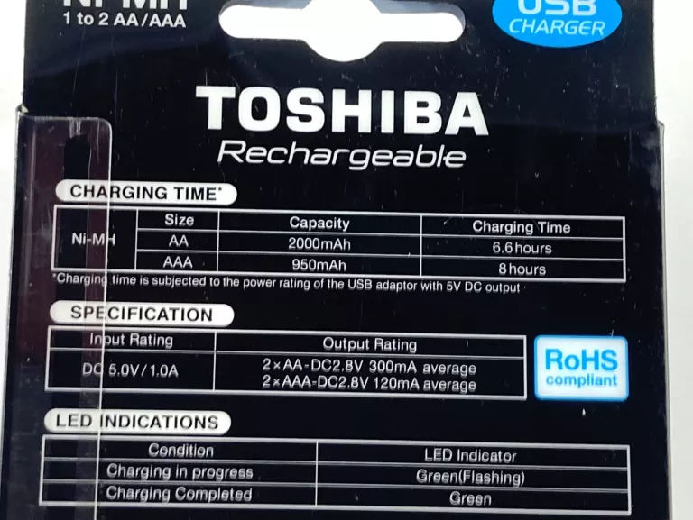 ŁADOWARKA TOSHIBA + 2 AKUMULATORKI AA 2000 MAH