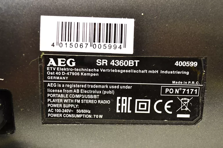 BOOMBOX AEG SR 4360BT USB/BT/CD + KABEL ZASILAJĄC