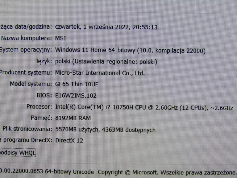 LAPTOP MSI GF65 THIN 10UE I7/8GB/512/RTX3060 FV!