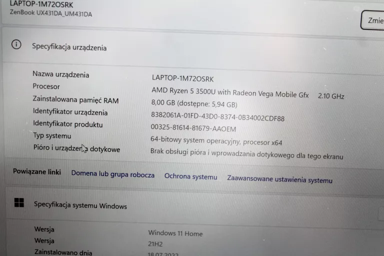 LAPTOP ASUS ZENBOOK UM431DA AMD RYZEN 5 8/512GB