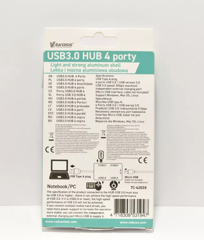 VAKOSS HUB USB 3.0 4 PORTY TC-4203X