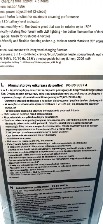 ODKURZACZ PROFI CARE PC-BS 3037 A