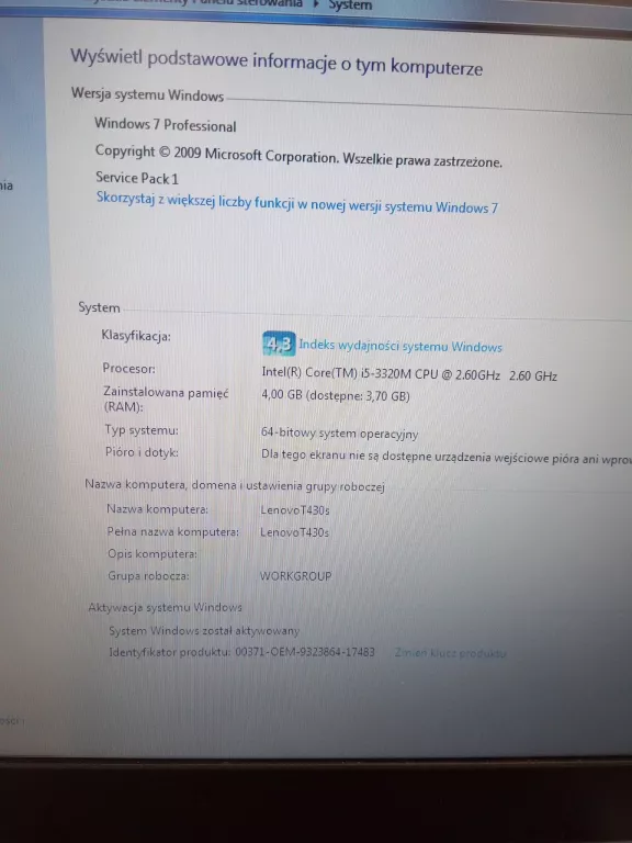 LAPTOP LENOVO THINKPAD T430S WIN7 I5-3320 4/230GB