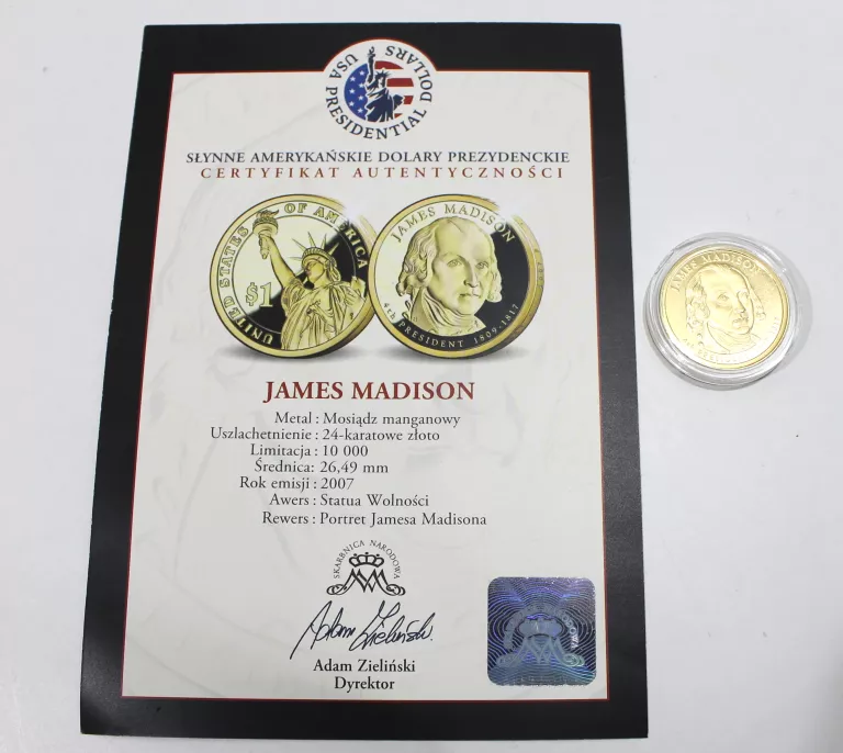 MONETA JAMES MADISON 24K NOMINAŁ 1$ CERTYFIKAT