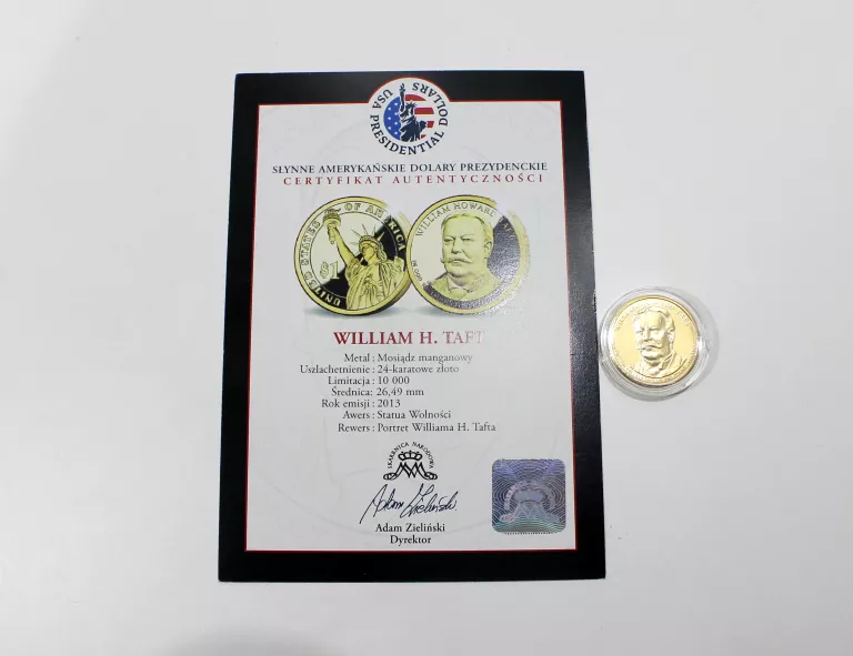 MONETA WILLIAM HOWARD TAFT 24K 1$ CERTYFIKAT