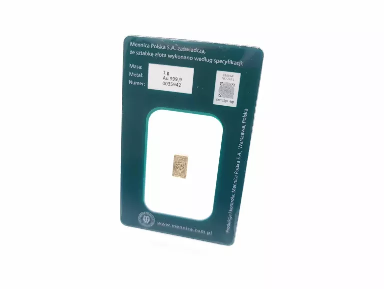 SZTABKA ZŁOTA MENNICA POLSKA 1G CERTYFIKAT OKAZJA