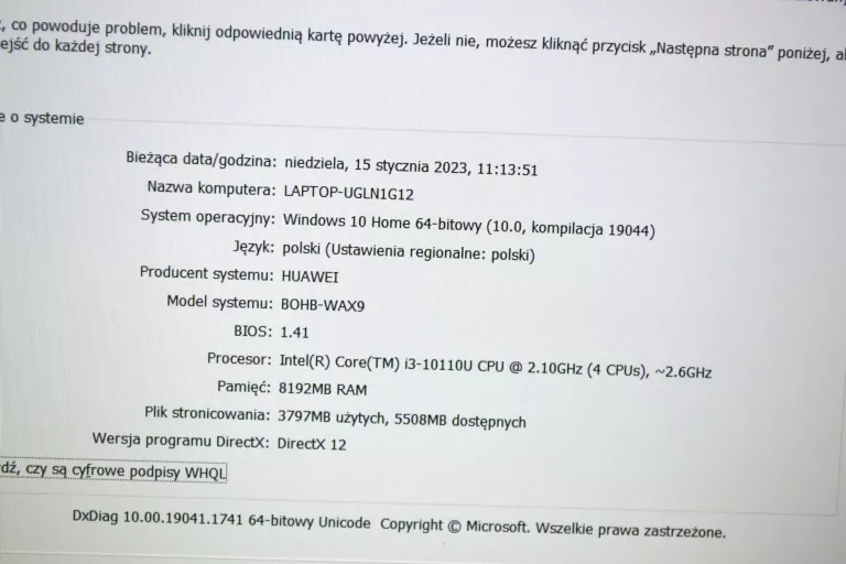 HUAWEI MATEBOOK D15 I3-10110U 8GB/256SSD + ŁADOW.