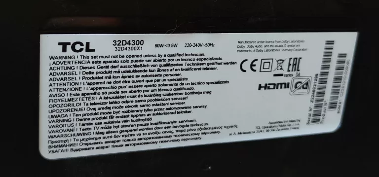 TELEWIZOR TCL 32D4300 HD READY DVB-T2