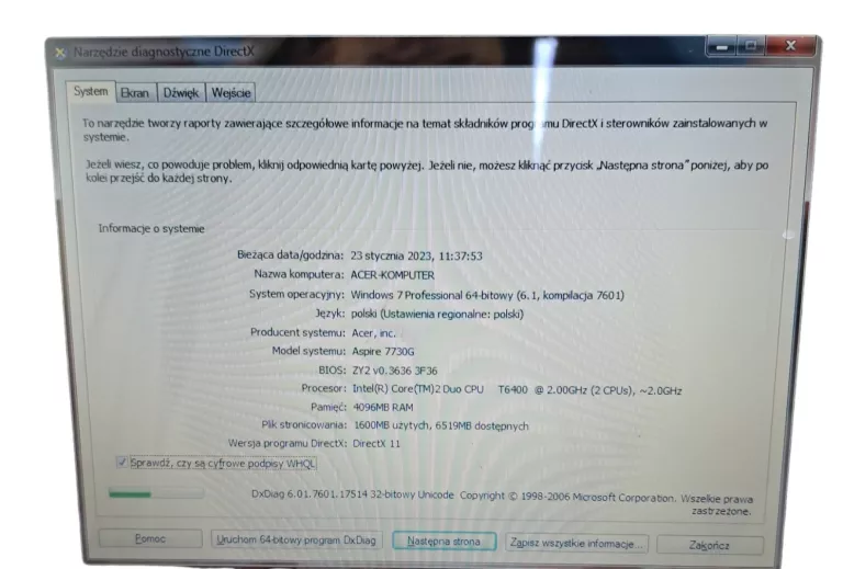 LAPTOP ACER ASPIRE 7730 ŁADOWARKA