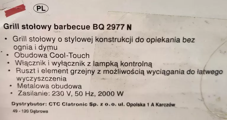 GRILL ELEKTRYCZNY STOŁOWY CLATRONIC BQ 2977