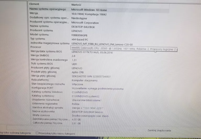 KOMPUTER AIO LENOVO C20-00 F0BB CELERON 4/500GB