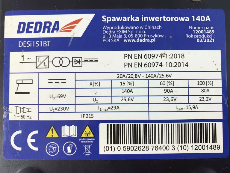 SPAWARKA INWERTOROWA DEDRA IGBT 140 A MMA