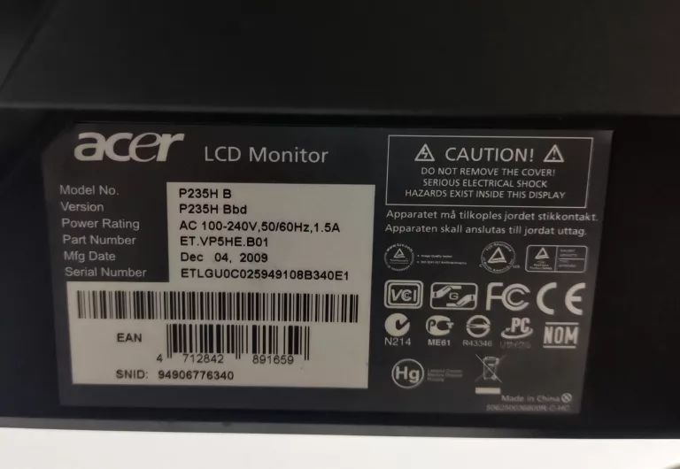 MONITOR ACER P235H 23"