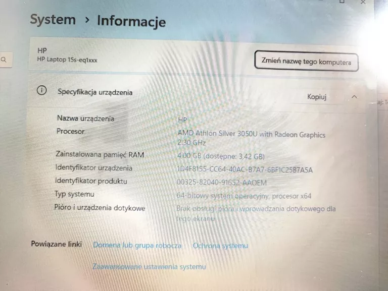 LAPTOP HP 15S-EQ1086NW 15,6 AMD ATH 4/250 GB SSD