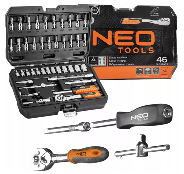 ZESTAW KLUCZY NASADOWYCH NEO TOOLS 46 ELEMENTÓW