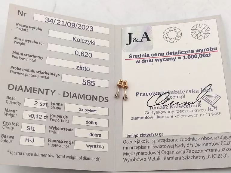 ZŁOTY KOLCZYKI 585 Z DIAMENTAMI 0,12CT WKRĘTKI SZTYFT BRYLANTY CERTYFIKAT
