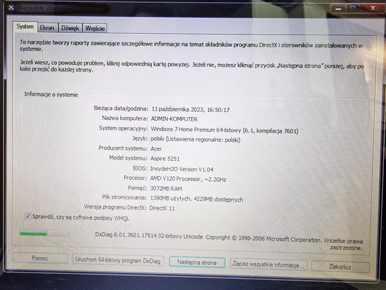 LAPTOP ACER ASPIRE 5251 3/250GB AMD V120 WIN 7