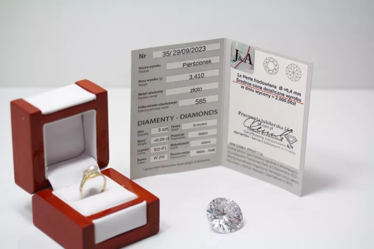 ZŁOTY PIERŚCIONEK PERŁA I BRYLANTY 0.09CT 585  3.41G R:14 CERTYFIKAT