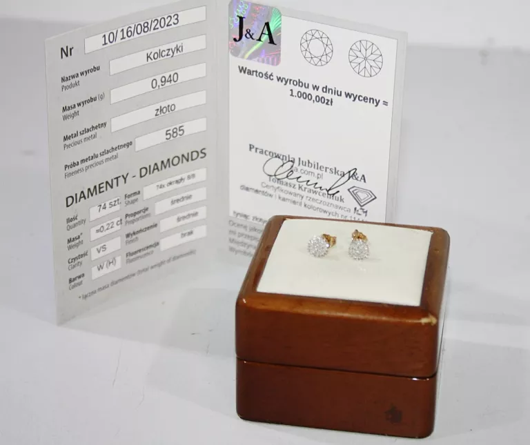ŚLICZNE ZŁOTE KOLCZYKI Z BRYLANTAMI 0,94 G