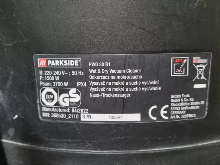ODKURZACZ PRZEMYSŁOWY PARKSIDE PWD 30 B1 1500W