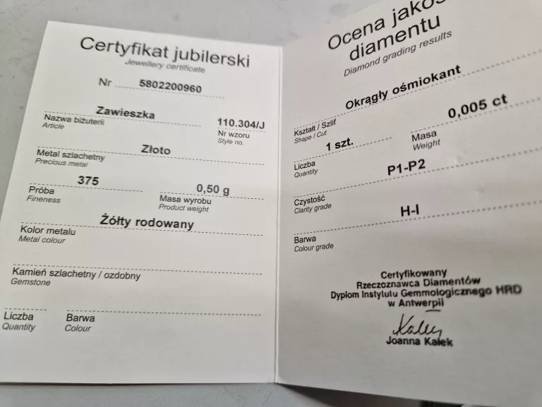 ZŁOTY ŁAŃCUSZEK Z ZAWIESZKĄ 1,29G APART CERTYFIKAT