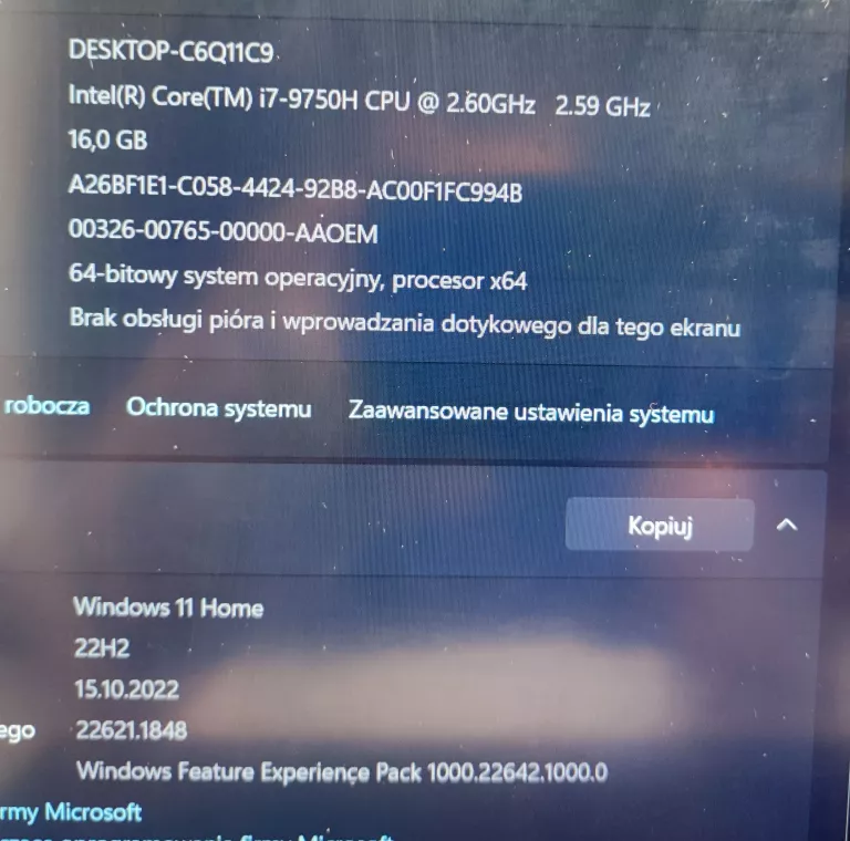 LENOVO LEGION Y540-15IRH I7-9750H 16GB 256GB SSD GTX1660TI WIN11