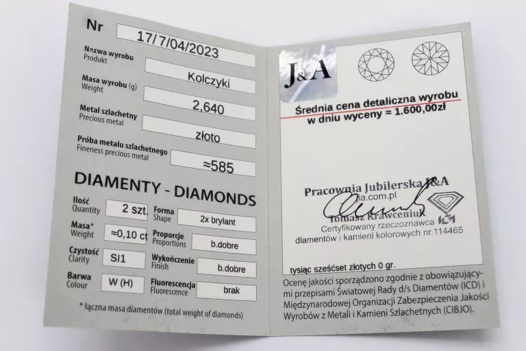 ZŁOTE KOLCZYKI Z BRYLANTAMI 2,64GR 0,10 CT CERTYFIKAT