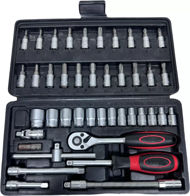 ZESTAW KLUCZY POWERFIX PROFI T13853 BITY, NASADKI, GRZECHOTKI