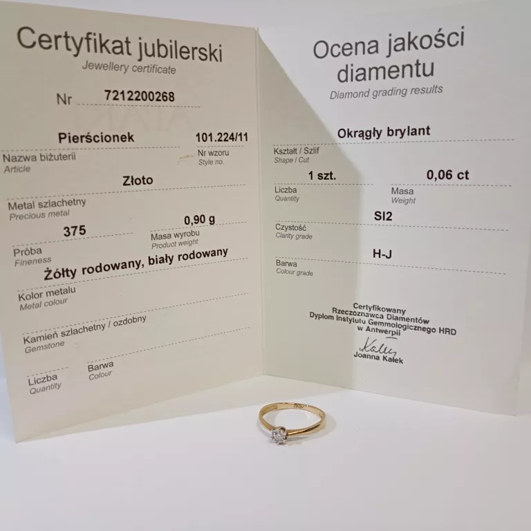 ZŁOTY PIERŚCIONEK APART Z BRYLANTEM CERTYFIKAT