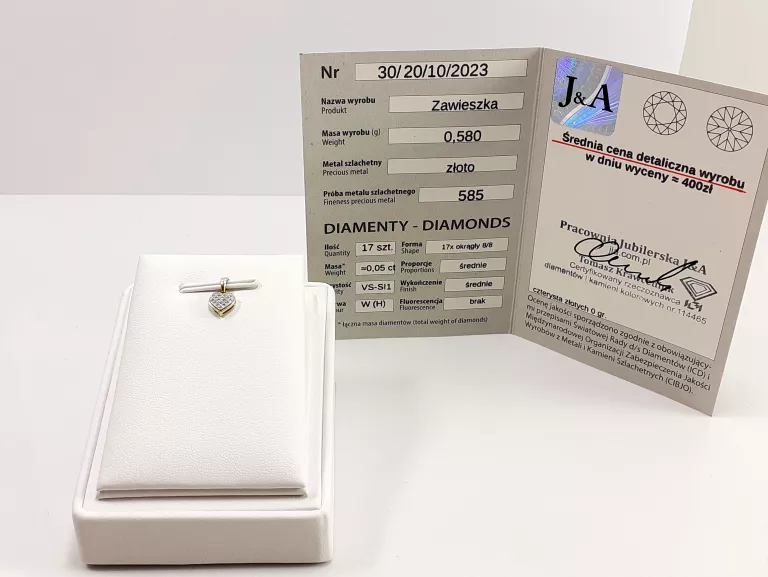 ZŁOTA ZAWIESZKA 585 WYSADZANA DIAMENTAMI 0,05CT SERCE SERDUSZKO CERTYFIKAT